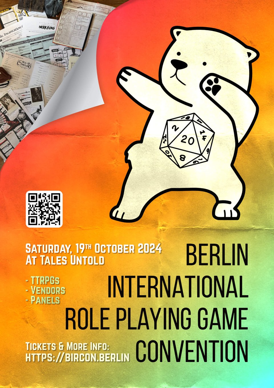 A bear pointing into the corner where the poster peels off and shows a multitude of RPG character sheets. The rest of the poster is taken up by convention information.
