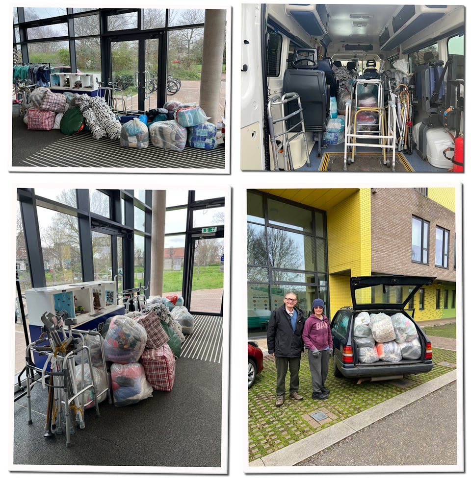 Piles of goods waiting to be loaded into car by Fong and Colin (bottom right) and loaded into ambulance (top right)