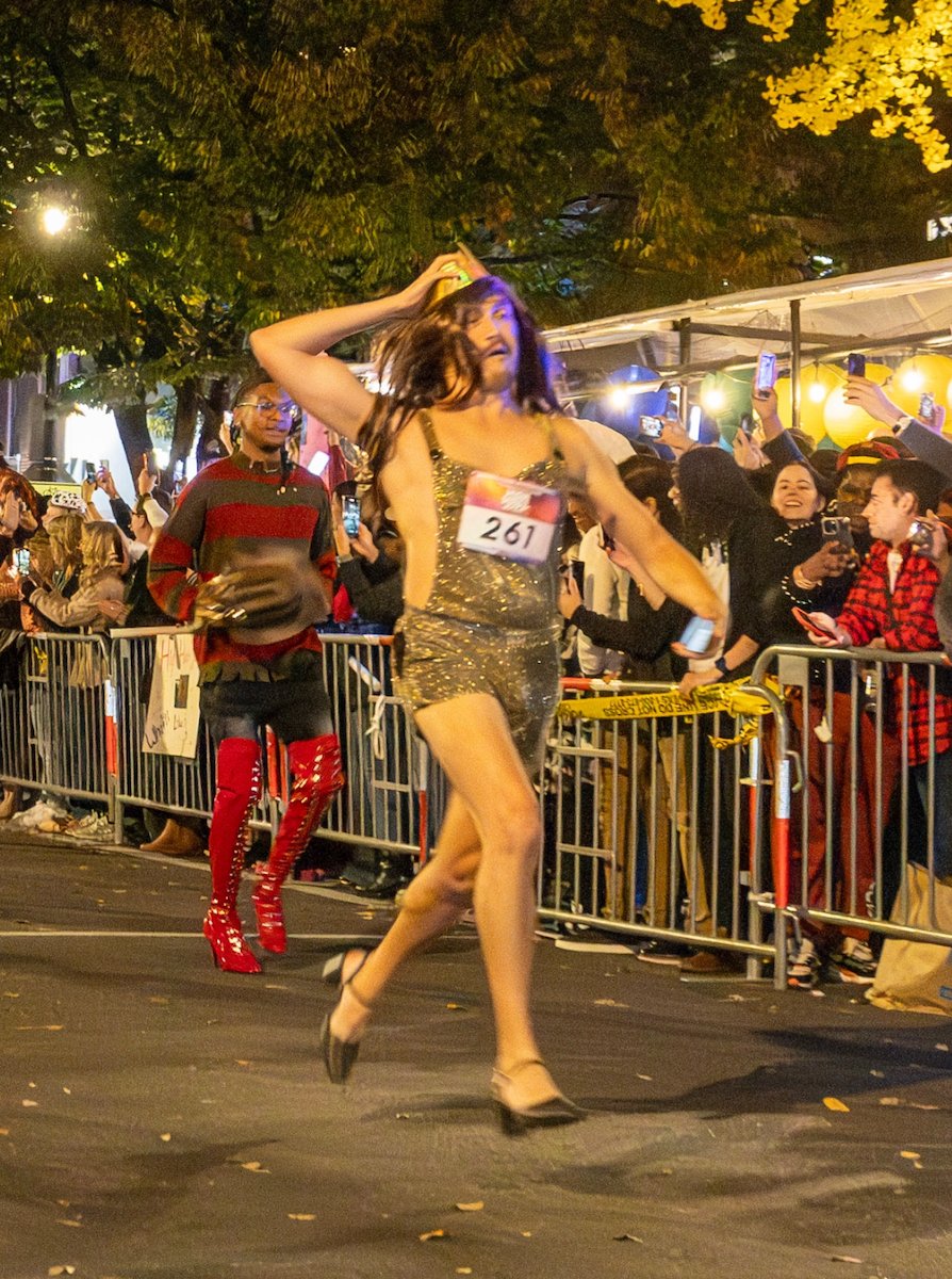 The author running in high heels.