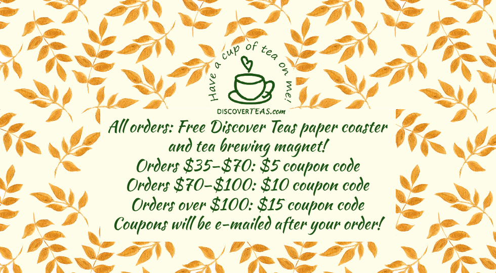 image version of details listed in text below and picture of paper coaster design that says 'Have a cup of tea on me!' with drawing of teacup with heart steam and DiscoverTeas.com