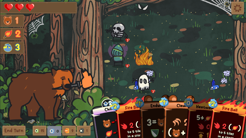 Screenshot of a deckbuilder. On the left side of the screen is Torchbear, as well as the players current stats. On the right side, framed between two trees, the enemies approach. The players cards are seen at the bottom of this side.
