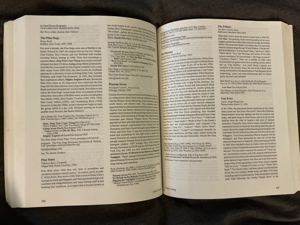 A page of the very thick book with individual entries on a bunch of alt country bands - the Pine Dogs, Pine State, Pinetop Seven, the Pinetops, the Polkats, Toni Price