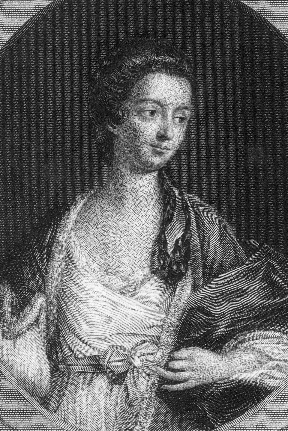 A black-and-white engraving of Elizabeth Chudleigh, a slender white woman with big eyes, with her hair in a long elaborate braid. She's wearing a simple white dress with a cloak around it.