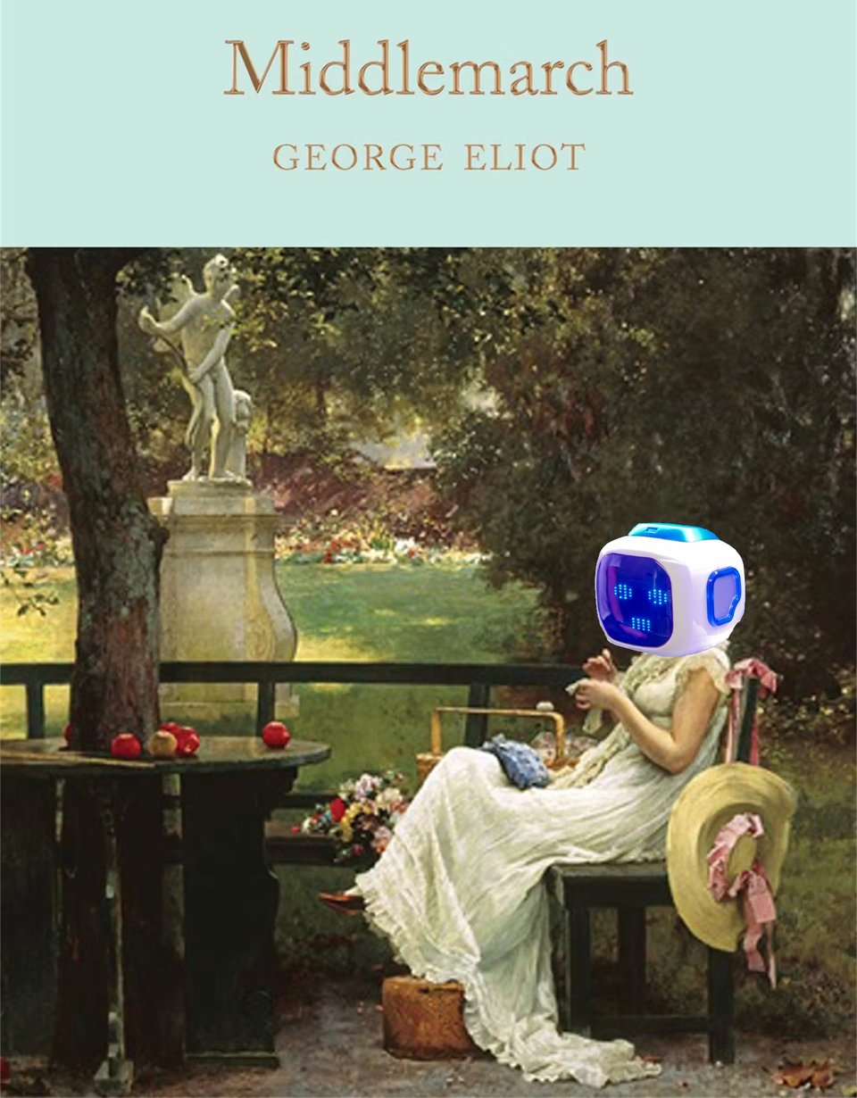 The cover of _Middlemarch_ by George Eliot. Below the title and author the title shows a painting of a woman sitting in a statue garden wearing a long white dress, with a hat hanging off her chair. She appears to be darning a sock. The woman's head has been replaced by a blue and white robot head.