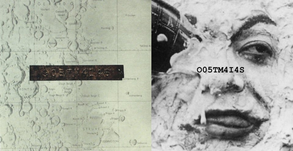 A drawn map of some kind of mountainous territory, with longitude and lattitude lines -- it could be the moon? There is a thin rectangular piece of rusted metal placed in the middle. Stamped on the metal are a series of numbers.