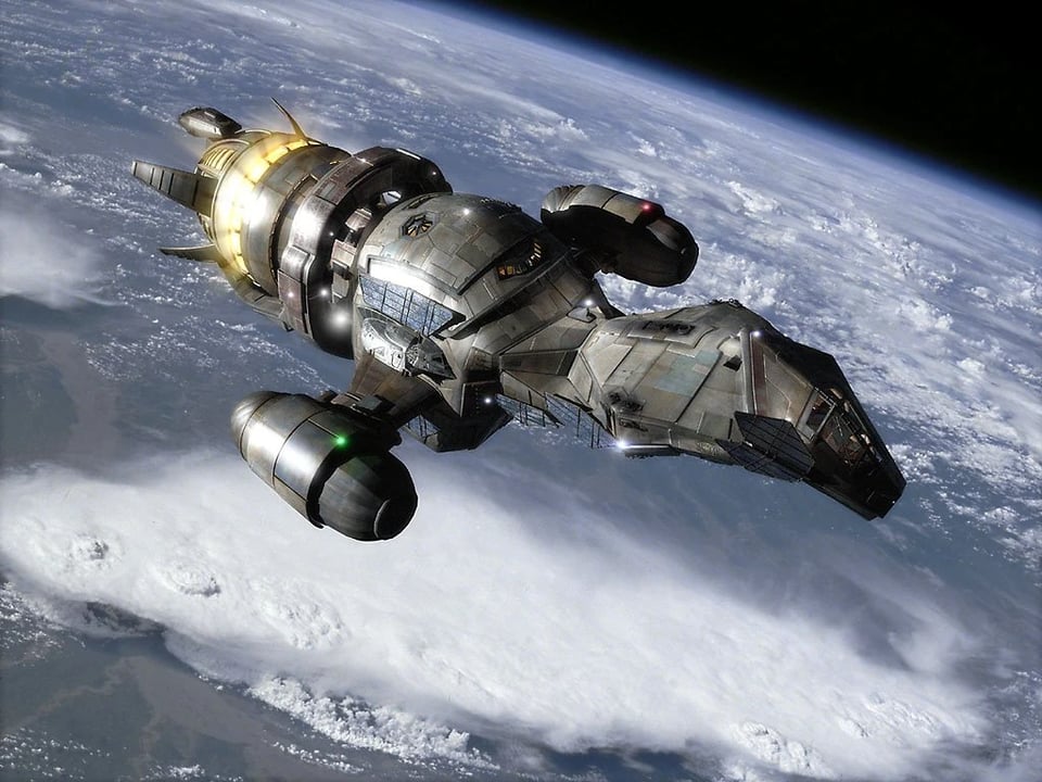 The Serenity, a long angular ship with two nozzle-shaped thrusters, hovers over the icy part of a blue planet.