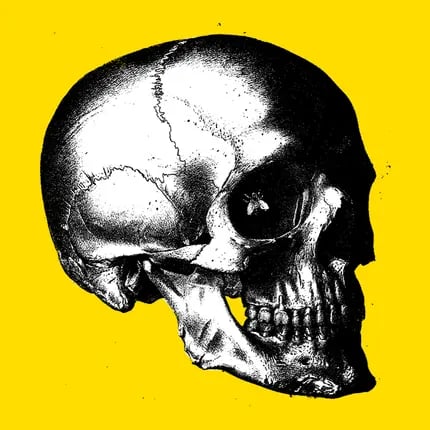 Stark, black and white human skull on a yellow background.