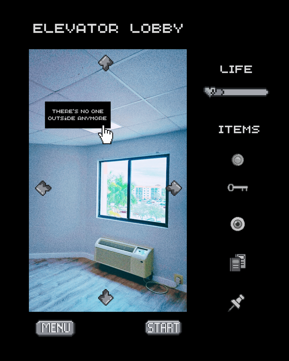 An elevator lobby in a video game