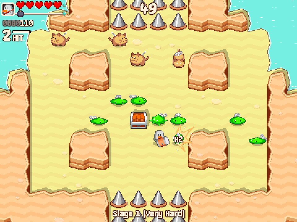 A beach screenshot with a yellow floor, brown sandy rocks and light teal water