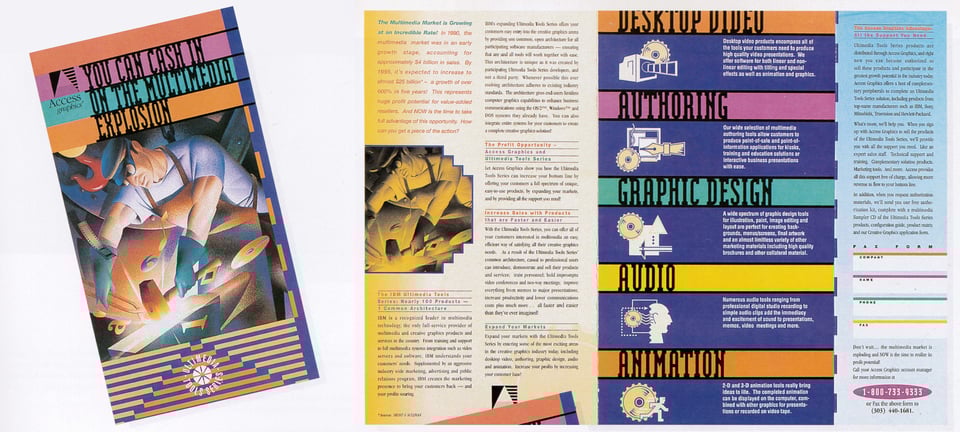 The brochure described above. The front reads “You can cash in on the multimedia explosion.”