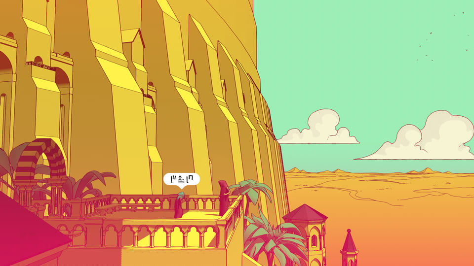 a screenshot from the game chants of sennaar of a person standing on the balcony of a tower looming over an empty desert