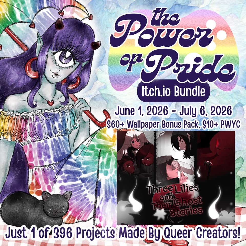 promotional artwork for three lilies in the power of pride itch bundle, running from june 1 to july 6. $60 edition contains a wallpaper bonus pack.