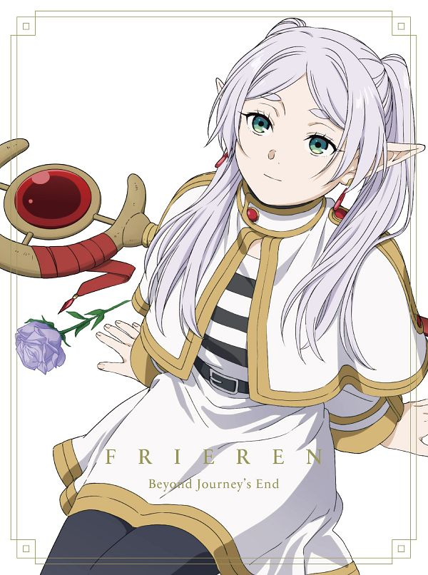 Poster for Frieren: Beyond Journey's End. Pictured is Frieren, sitting on the ground, with her magic staff and a blue rose lying on the ground beside her.
