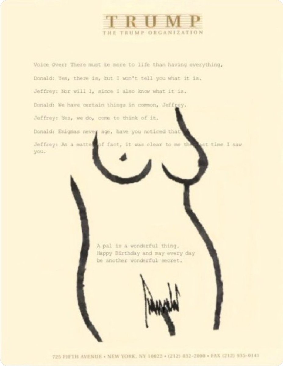 Trump’s “bawdy” birthday card to his pal Jeffrey Epstein on the occasion of Epstein’s 50th birthday.