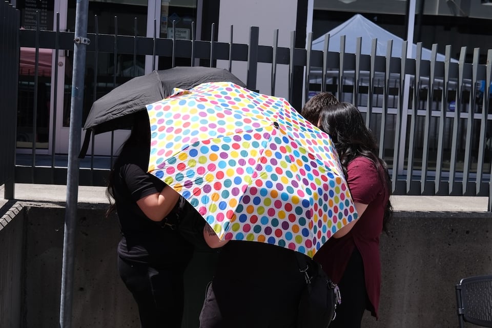 Women hiding below an umbrella
