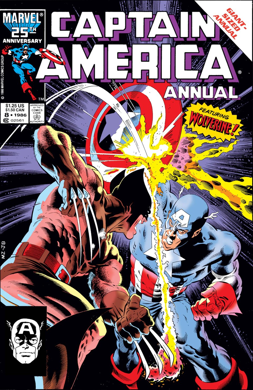 captain america annual #8 cover, featuring wolverine slashing his claws on cap's shield