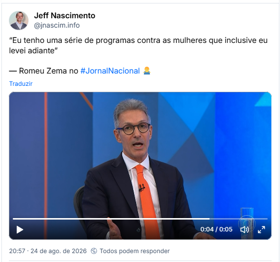 Post de Jeff Nascimento (@jnascim.info): “Eu tenho uma série de programas contra as mulheres que inclusive eu levei adiante” (vídeo do momento dessa fala)