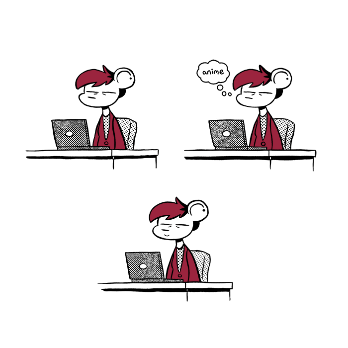p1: Autumn is sitting at her desk with her laptop open and eyes closed. p2: Same pose. Autumn, thinking: anime p3: Same pose, but Autumn now has a small smile.