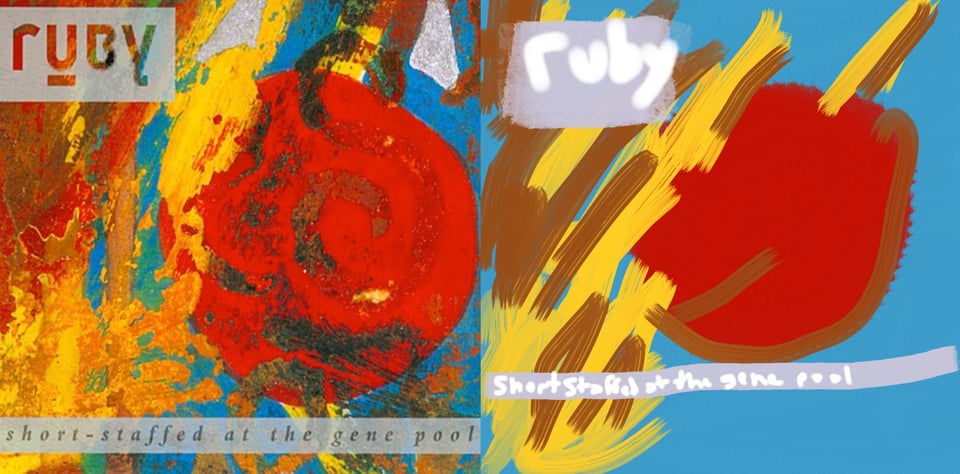 A painting that is mostly abstract blobs and splashes of color. Most of the image is taken up with a red circle that kind of looks like a Christmas ornament. It is on a blue background and surrounded by splashes of yellow and gold paint.