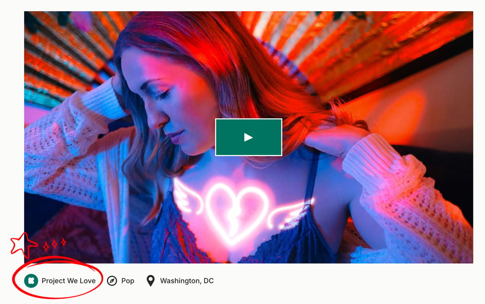 A screencap of Emily's Kickstarter campaign with the Kickstarter Project We Love badge in the lower left corner. The badge has been circled and starred in red to highlight it.