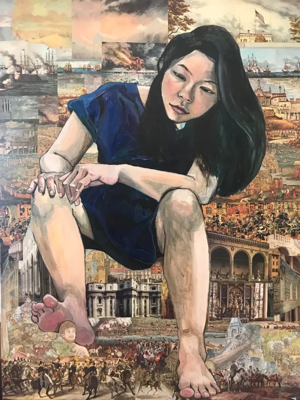 A painting of a young Asian woman sitting on Western classical buildings and placing her foot upon tiny figures in a Western painting of a battle.