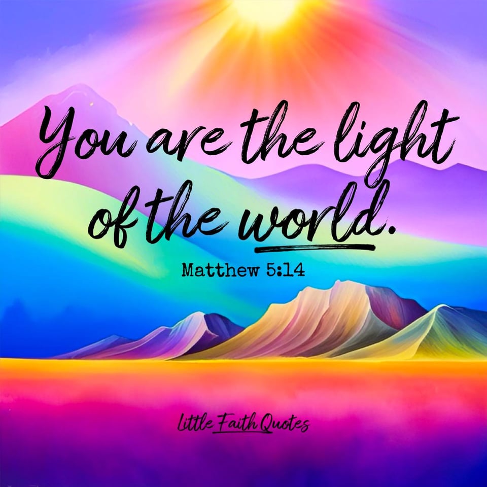 “You are the light of the world. A town built on a hill cannot be hidden." ~Matthew 5:14. the sun sets over a blue, teal and purple mountain range. The sky bursts in shades of lavender and pink. Image by: @Little Faith Quotes.