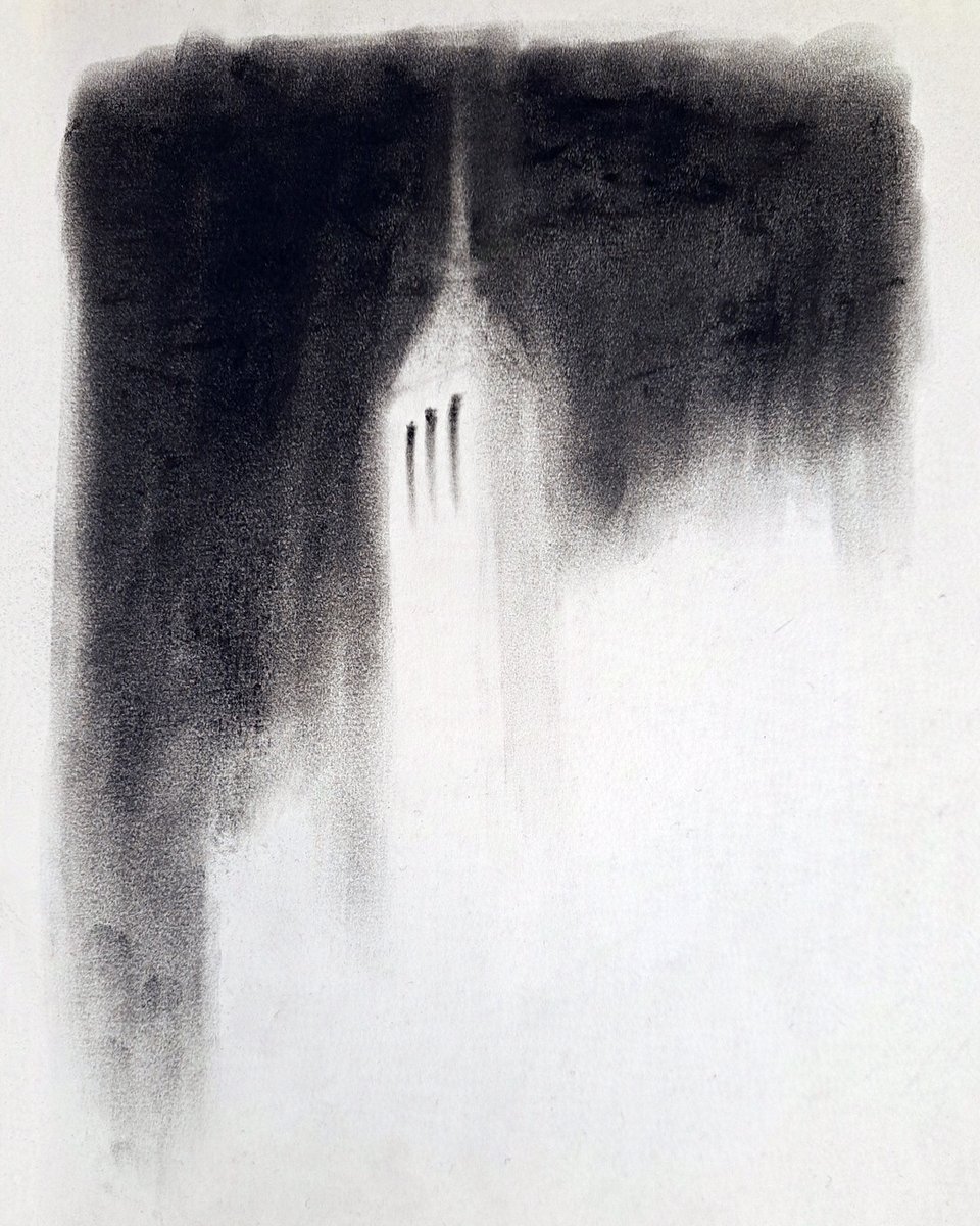 Eerie charcoal drawing of an ominous, ghostly monastery.