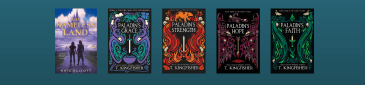 Book covers of the last five of the eleven books listed above, against a teal gradiant background.