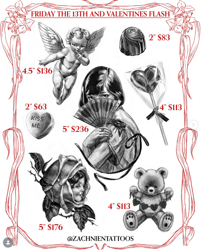 Friday the 13th Valentine's Day Flash tattoo sheet