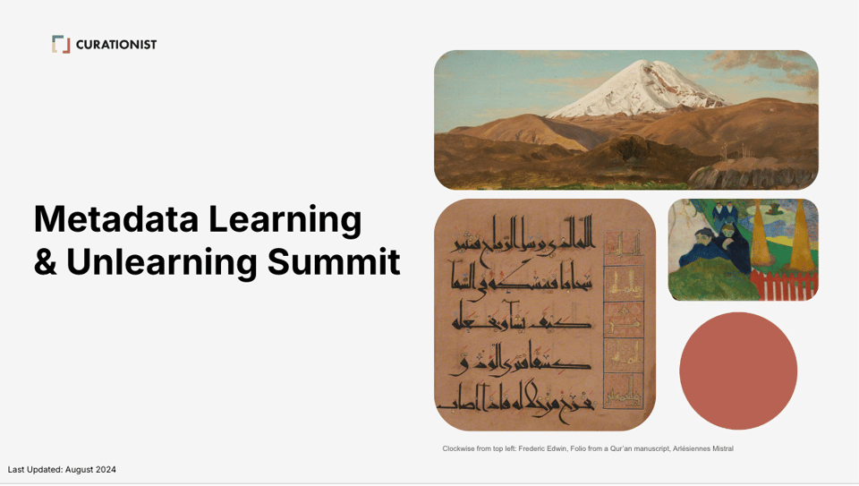 Title page reads "Metadata Learning & Unlearning Summit" on the left in black text. There are three images of artwork on the right: a painting of a snowy mountain, a page from a hand-lettered manuscript, and a painting of two figures in an abstracted landscape.