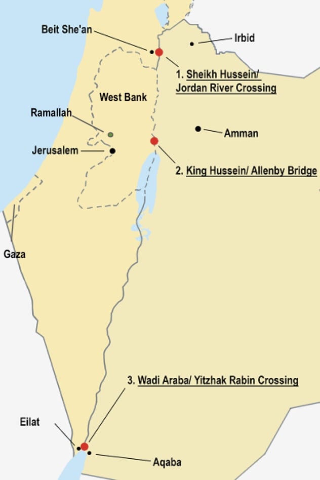 A map that shows three crossings over the Jordan River: Sheikh Hussein/Jordan River Crossing, King Hussein/Allenby Bridge, and Wadi Araba/Yitzhak Rabin Crossing.  Several cities are shown with dots (Irbid, Beit She'an, Amman, Aqaba, Eilat, Ramallah, Jerusalem), and outlines of the West Bank and Gaza are shown with a dotted line