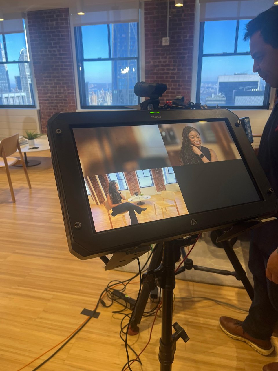 Photo of a screen showing two camera angles, one of me straight one, and a second of me from the side.