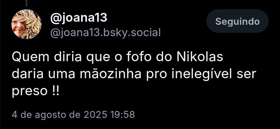 Imagem mostra post da @joana13.bsky.social, com o texto: Quem diria que o fofo do Nikolas daria uma mãozinha pro inelegível ser preso!!