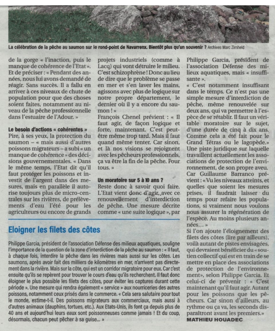 Article de presse du quotidien La République des Pyrénées du 31 mars 2026 s'interrogeant sur la disparition du saumon de l'Adour et citant l'Association Défense des Milieux Aquatiques (DMA) appelant à éloigner les filets de pêche des trois premiers milles de la côte, à l'instar de grands pays étrangers.