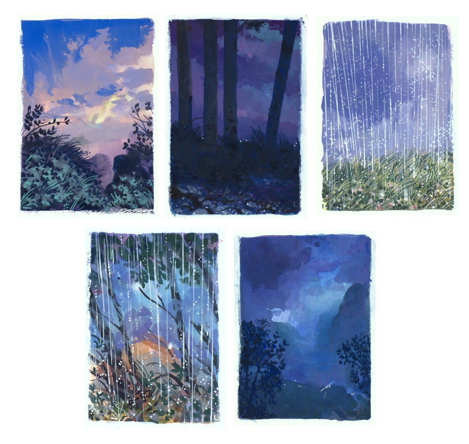 thumbnails of five landscape paintings in gouache