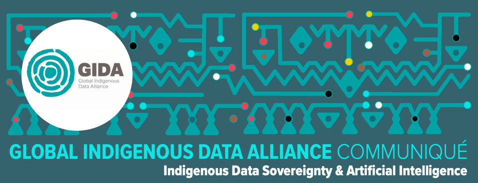 A graphic illustration that reads: Global Indigenous Data Alliance Communique: Indigenous Data Sovereignty & Artificial Intelligence