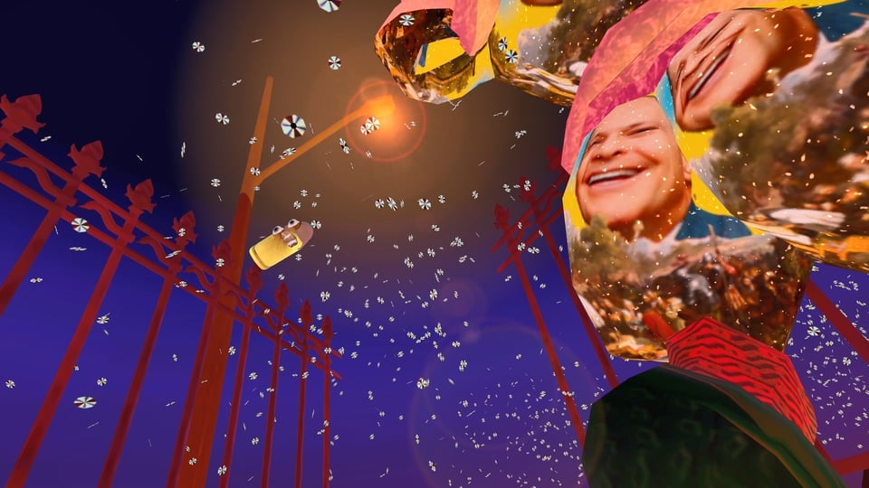 A bullet with a screaming face flies close to a large, colourfully dressed creature. Screenshot from "Ghost Rococo"