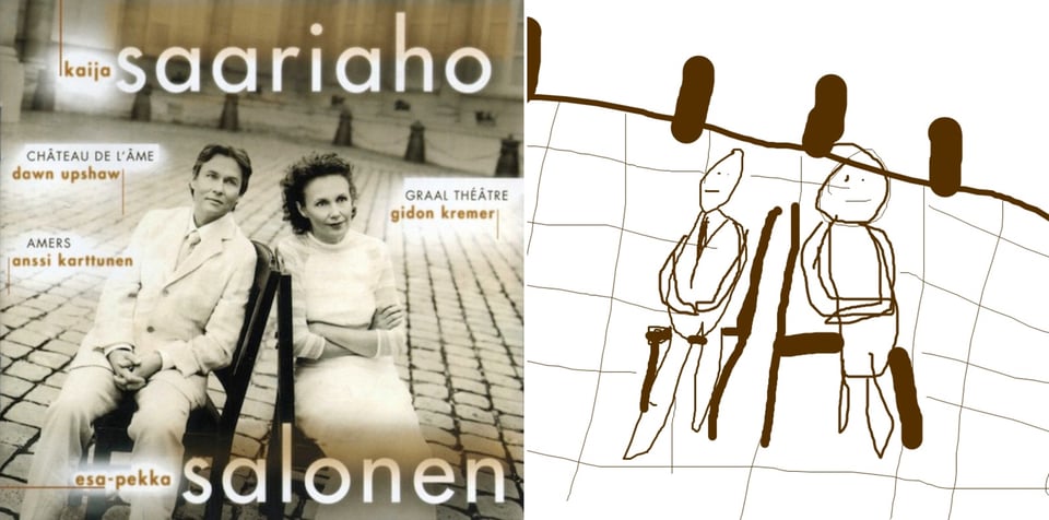 A black and white photograph, with some sepia tones, of a white man and a whiote woman sitting in chairs outside, I believe a theater, or some other very old building, likely in Europe. The man is Esa-Pekka Salone and wears a white suit. The woman is Kaija Saariaho and wears a white dress. She has her arms crossed. They look off to the right.