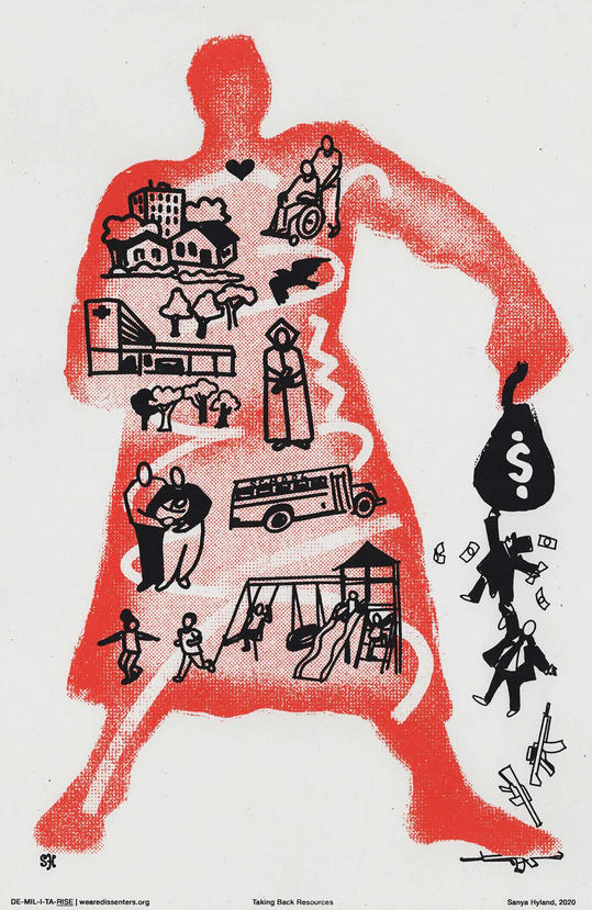 Artistic print in which a silhouette of a woman shakes money and guns out of the hands of several men in suits. She contains within herself hospitals, buses, children playing, people caring for each other.