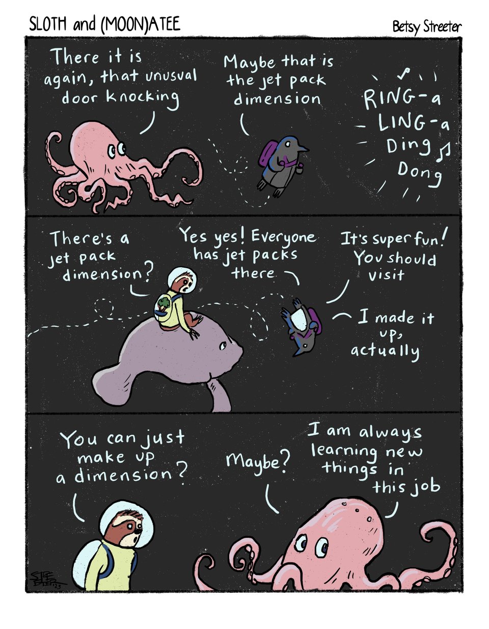 Sloth and Manatee comic in which penguin makes up a dimension