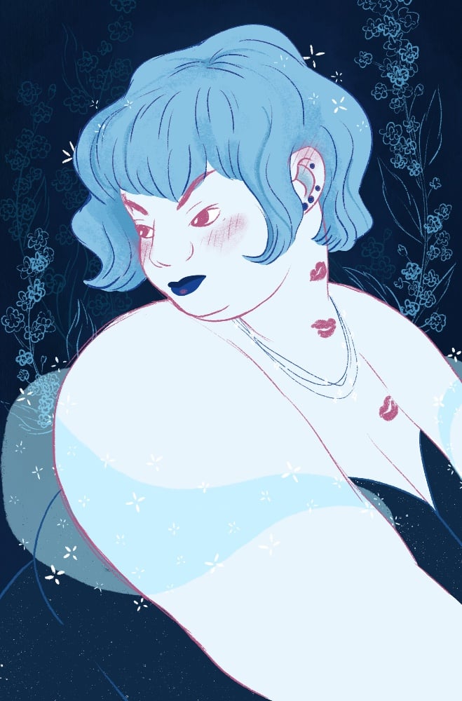 A blue-hued piece of a fat white person with short blue hair and wearing a sparkly gown glancing over their shoulder and blushing. Red kisses from lipstick trail up their neck and chest.