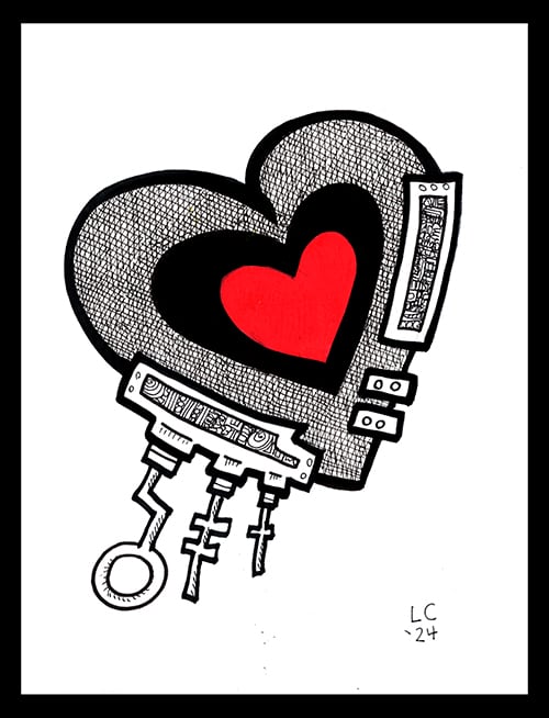 A drawing of a cartoon heart, which is bright red, surrounded by stylized technology.