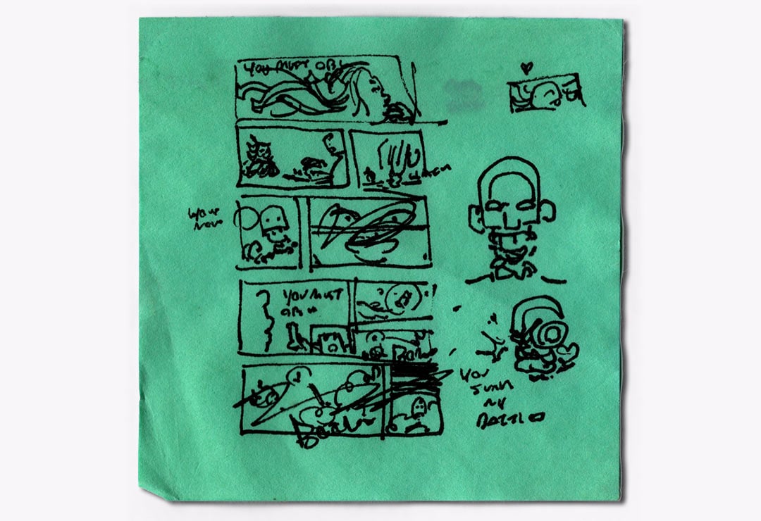 a scan a single teal post-it note with early ideas for my comic you must destroy.