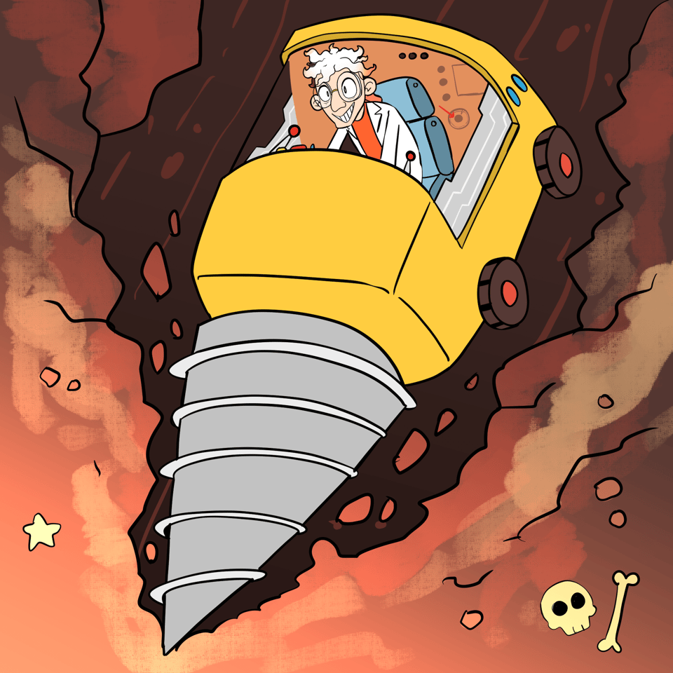 Dr Splatterjacket is driving a yellow ride on drill as it is drilling into solid rock. He has a big smile on his face.