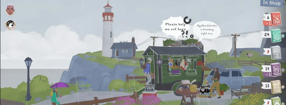 A still from a video game. A tiny mobile bookshop hitched to a car is parked at a lookout point. Customers demand assistance. Cozy games are not about rest.
