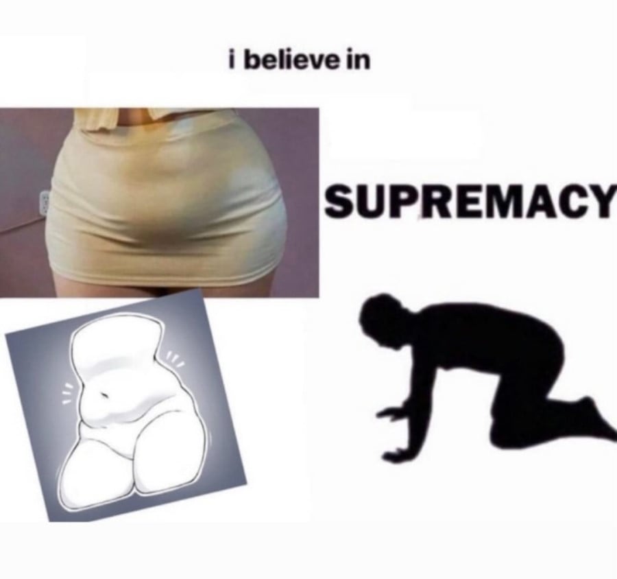 A photo of a woman cropped to show just the tight gold/beige skirt she is wearing, with her belly showing. Below is a drawing of a curvy woman's torso with a belly. Beside these is an image of someone on hands and knees. The image is saying: i believe in curvy girls with little bellies supremacy