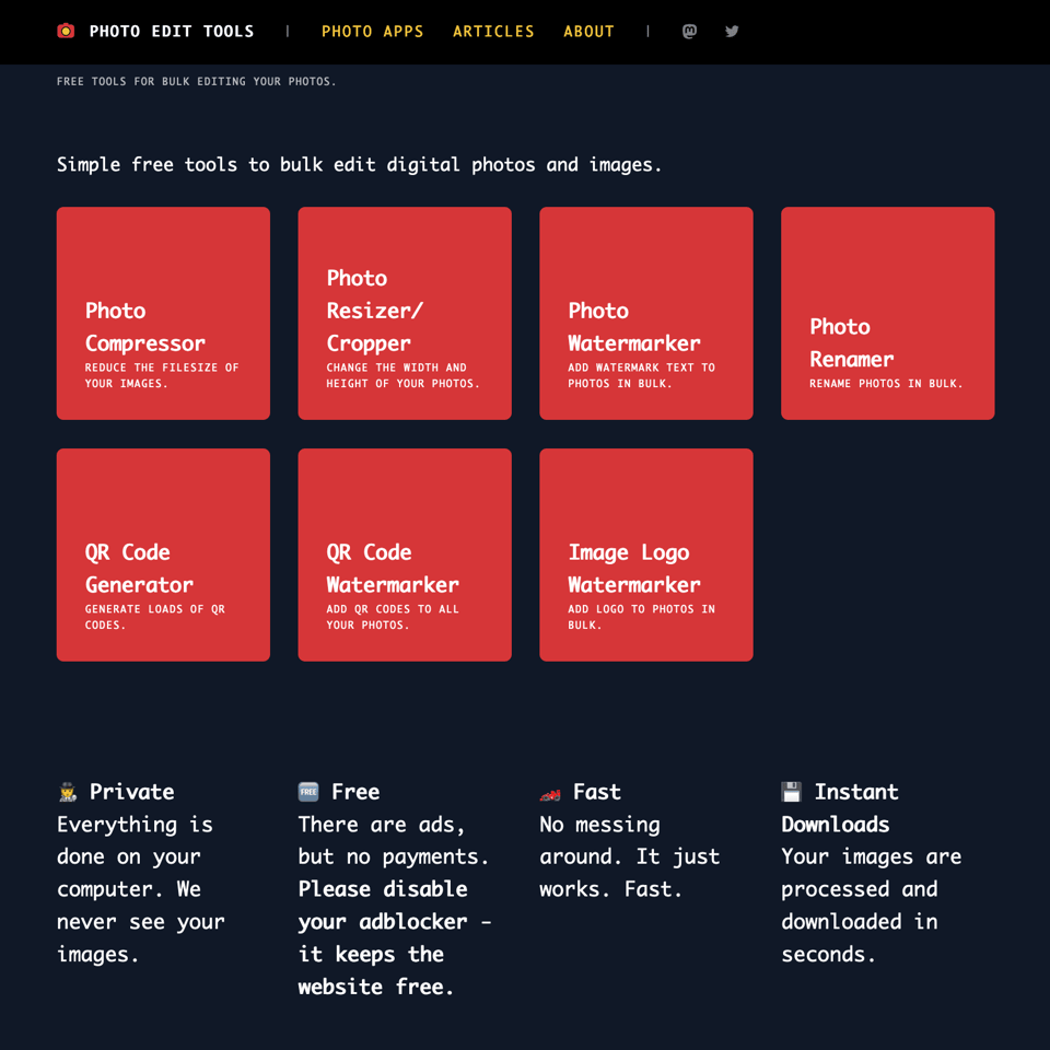 A Screenshot of the Photo Edit Tools Homepage
