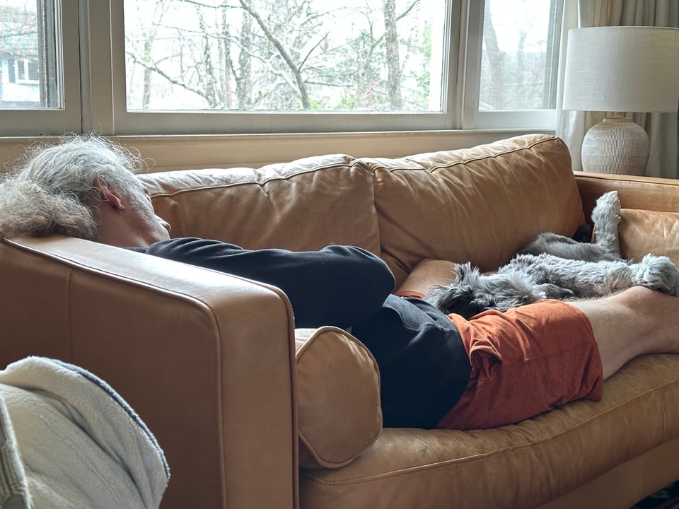 photo of white man dozing on a light-brown leather sofa. A gray aussiedoodle is also dozing, between his legs. He's wearing a black hoodie & rust sweat-shorts. His hair is tied back and HUGE.