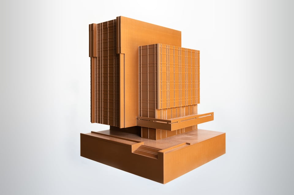 Foto von einem Ausschnitt des Bronzemodells als bronzefarbener PLA 3D-Druck