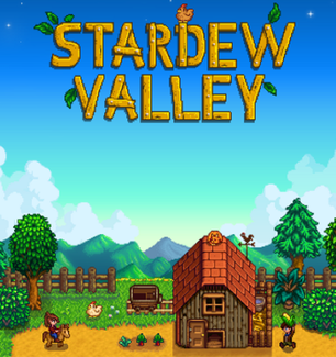 the front cover of the video game Stardew Valley, displaying a beautiful pixel art farm